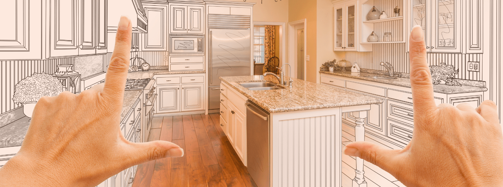 A kitchen island with hand-drawn images of counters and cabinets surrounding it.