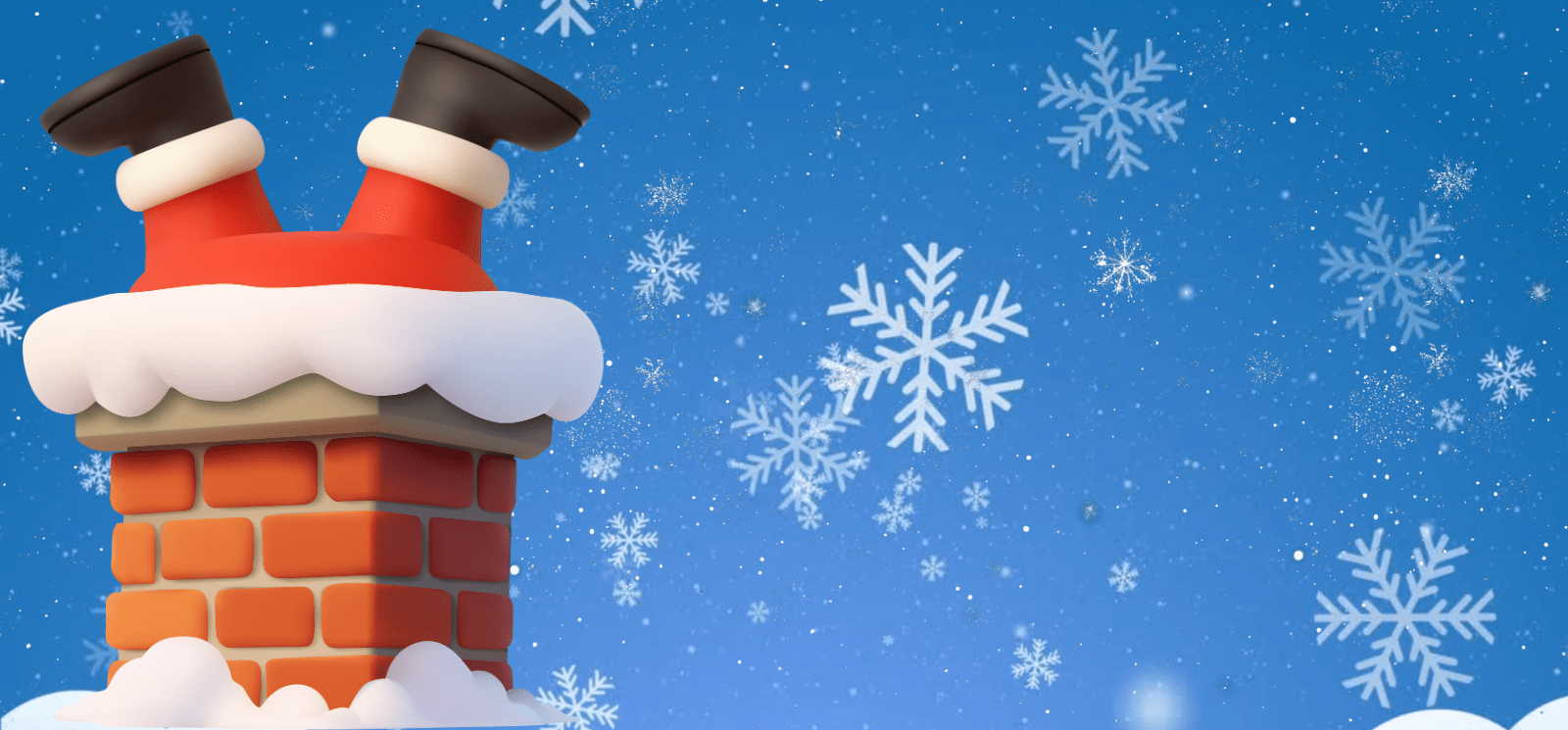 Animated photo of a snowy background with Santa going down the chimney.